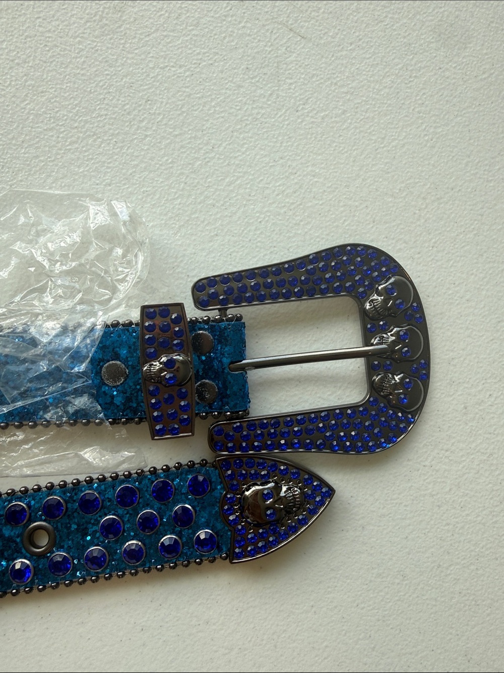 Metallic Blue Rhinestone Belt with Decorative Buckle